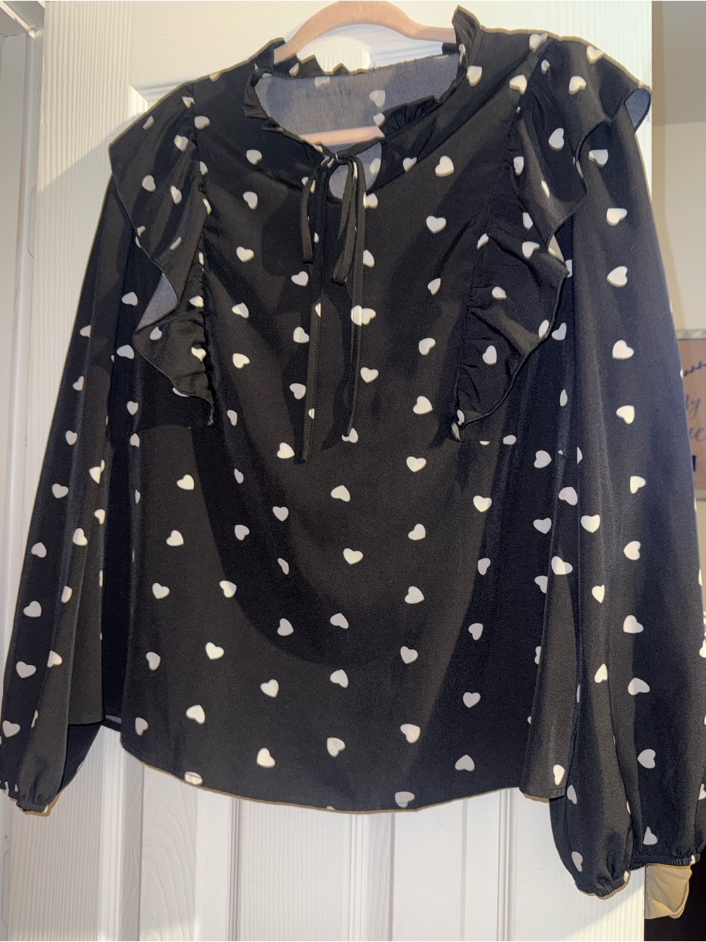 SHEIN Black Heart Print Ruffle Tie-Neck Top